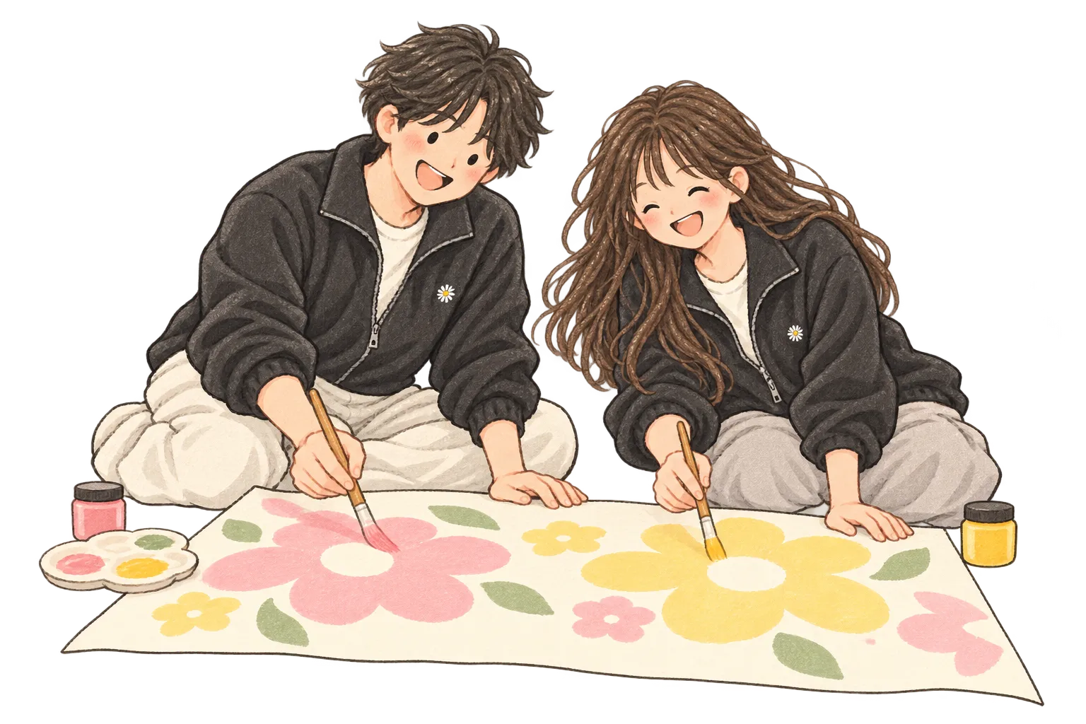 一緒に花の絵を描きながら、丘咲祭の準備をする学生2人