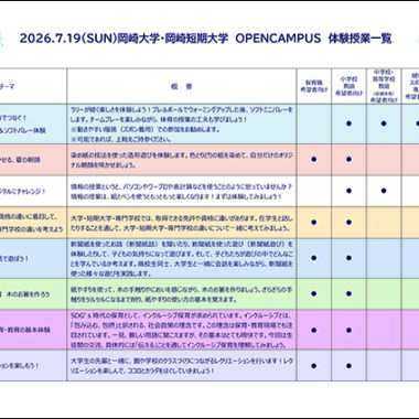 7月19日（日）オープンキャンパス　体験授業一覧